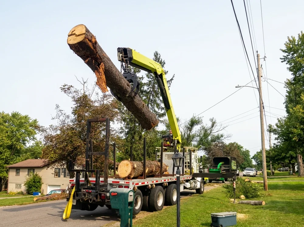 Crane truck lifting a large log off a Nashville job